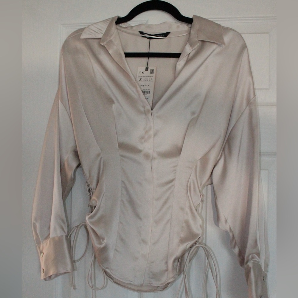 ZARA Elegant Satin Blouse with Lace-Up Sides
